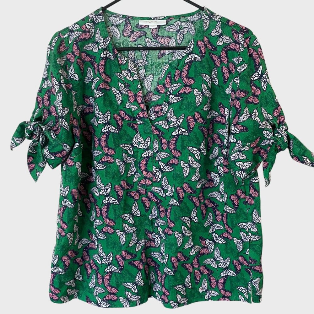 Charter Club Linen Butterfly-Print Tie-Sleeve Top Green Women's Size Medium